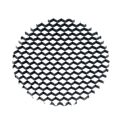 Svart rasterinsats med hexagonalt mönster till Easyforms spotlight Pipe 10, fotograferad mot vit bakgrund.